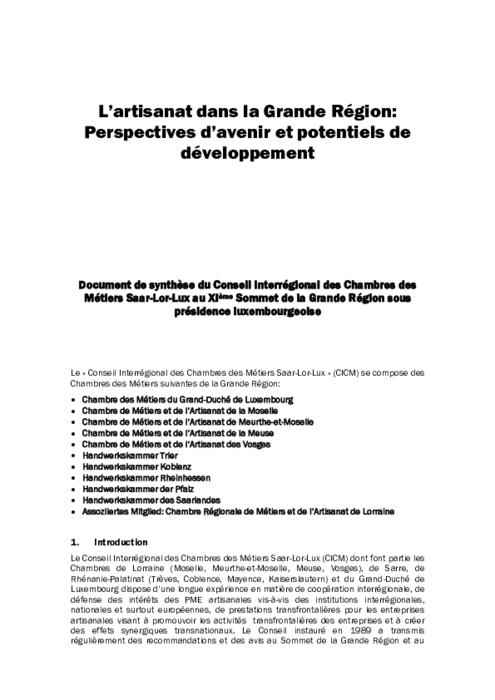 L’artisanat dans la Grande Region: Perspectives d’avenir et potentiels de developpement