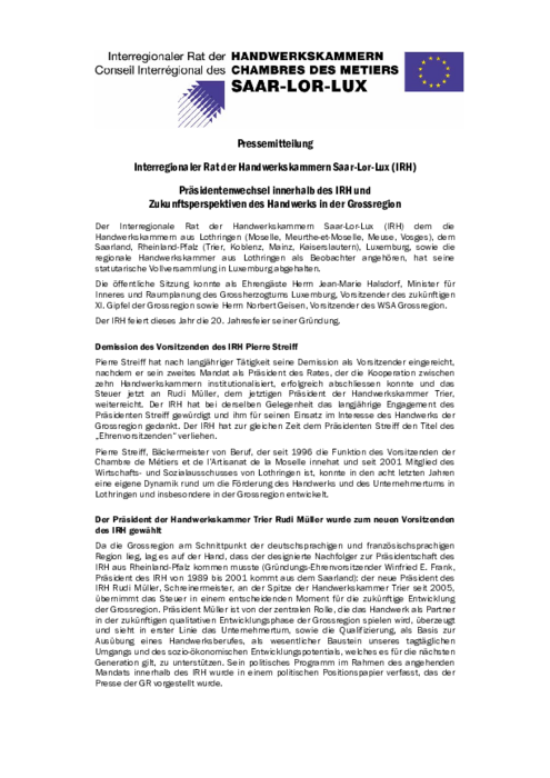 Präsidentenwechsel innerhalb des IRH und Zukunftsperspektiven des Handwerks in der Großregion