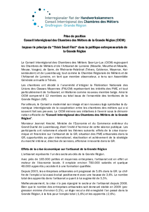 Imposer le principe du « Think Small First » dans la politique entrepreneuriale de la Grande Region