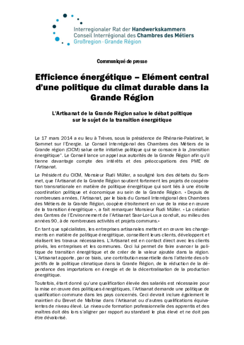 Efficience energetique – Element central d’une politique du climat durable dans la Grande Région