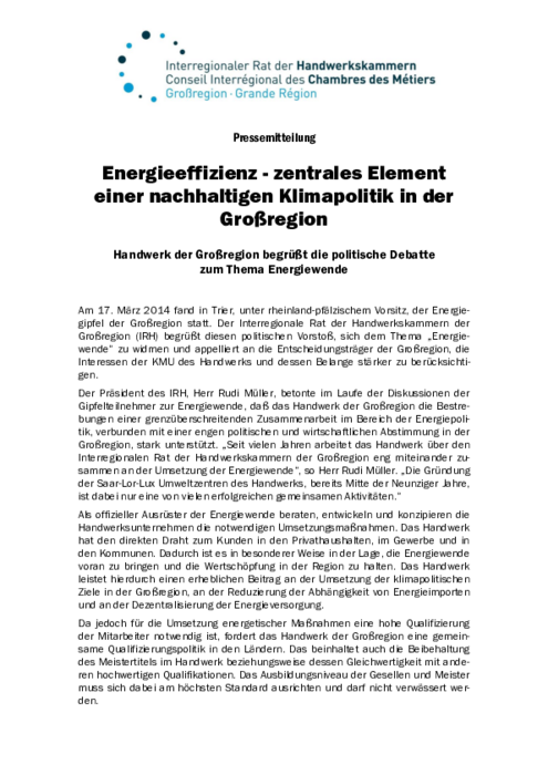 Energieeffizienz – zentrales Element einer nachhaltigen Klimapolitik in der Großregion