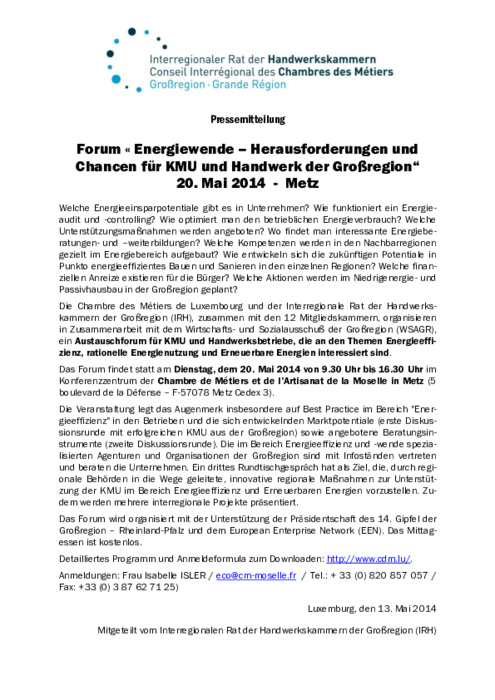 Forum „Energiewende – Herausforderungen und Chancen für KMU und Handwerk der Großregion“ 20. Mai 2014 – Metz
