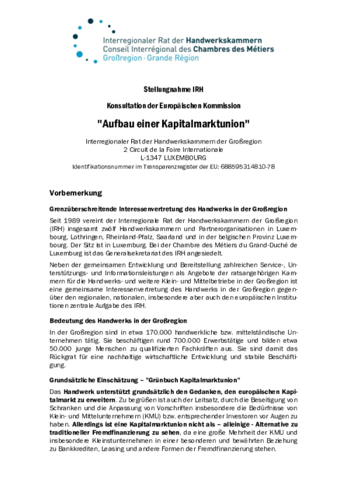 Konsultation der Europäischen Kommission „Aufbau einer Kapitalmarktunion“