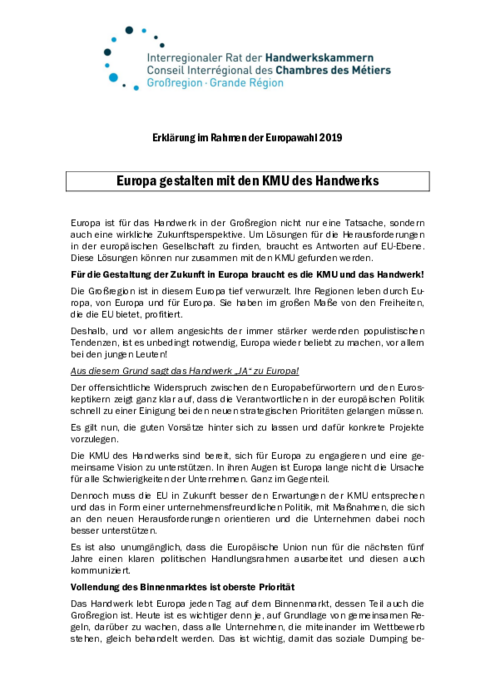 Erklärung des IRH im Rahmen der Europawahl 2019: Europa gestalten mit den KMU des Handwerks