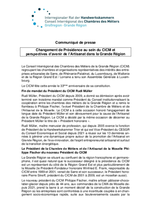 Changement de Presidence au sein du CICM et perspectives d’avenir de l’Artisanat dans la Grande Region