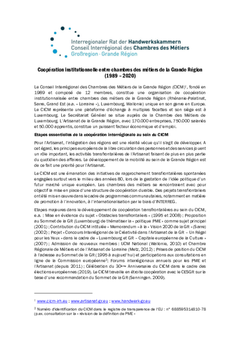 Cooperation institutionnelle entre chambres des metiers de la Grande Region (1989 – 2020)