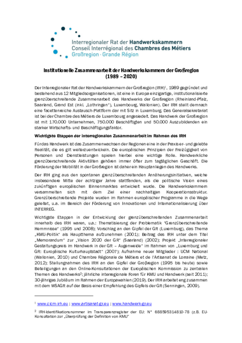 Institutionelle Zusammenarbeit der Handwerkskammern der Großregion (1989 – 2020)