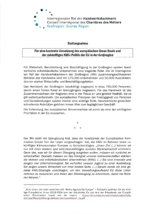 Für eine konkrete Umsetzung des europäischen Green Deals und der zukünftigen KMU-Politik der EU in der Grossregion