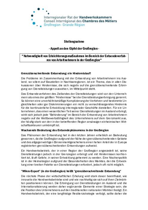 Appell an den Gipfel der Grossregion – Notwendigkeit von Erleichterungsmassnahmen im Bereich der Entsendeverfahren von Arbeitnehmern in der Grossregion