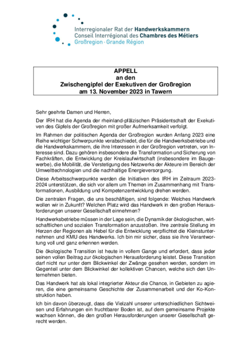 Appell des IRH an den Zwischengipfel der Exekutiven der Großregion am 13. November 2023 in Tavern