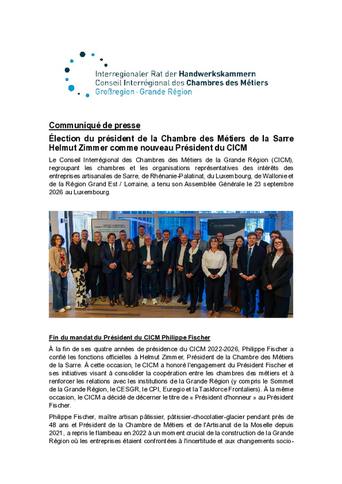 Élection du président de la Chambre des Métiers de la Sarre Helmut Zimmer comme nouveau Président du CICM