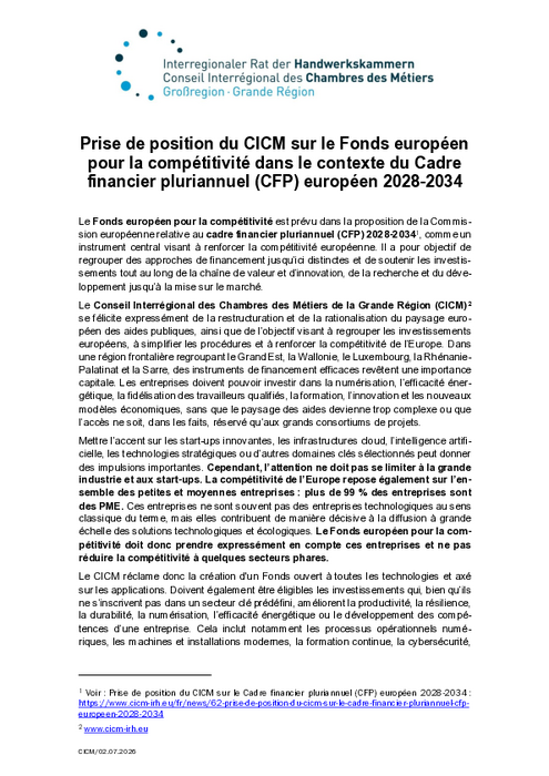 Un fonds européen pour la compétitivité en faveur de l'Artisanat et des PME