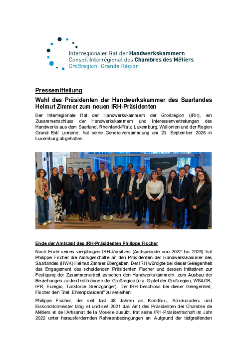 Wahl des Präsidenten der Handwerkskammer des Saarlandes Helmut Zimmer zum neuen IRH-Präsidenten