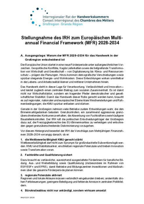 Stellungnahme des IRH zum Europäischen Multi annual Financial Framework (MFR) 2028-2034 